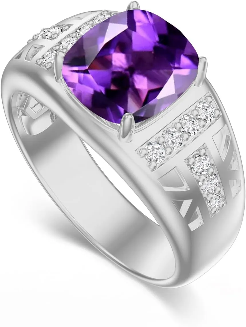 1-6 CT Gemstone Engagement Ring for Men Sterling Silver Cushion Cut Ruby/Sapphire/Emerald/Black Onyx/Amethyst/Garnet Ring with Moissanite Men's Wedding Rings Anniversary Fathers Day Jewelry Gift