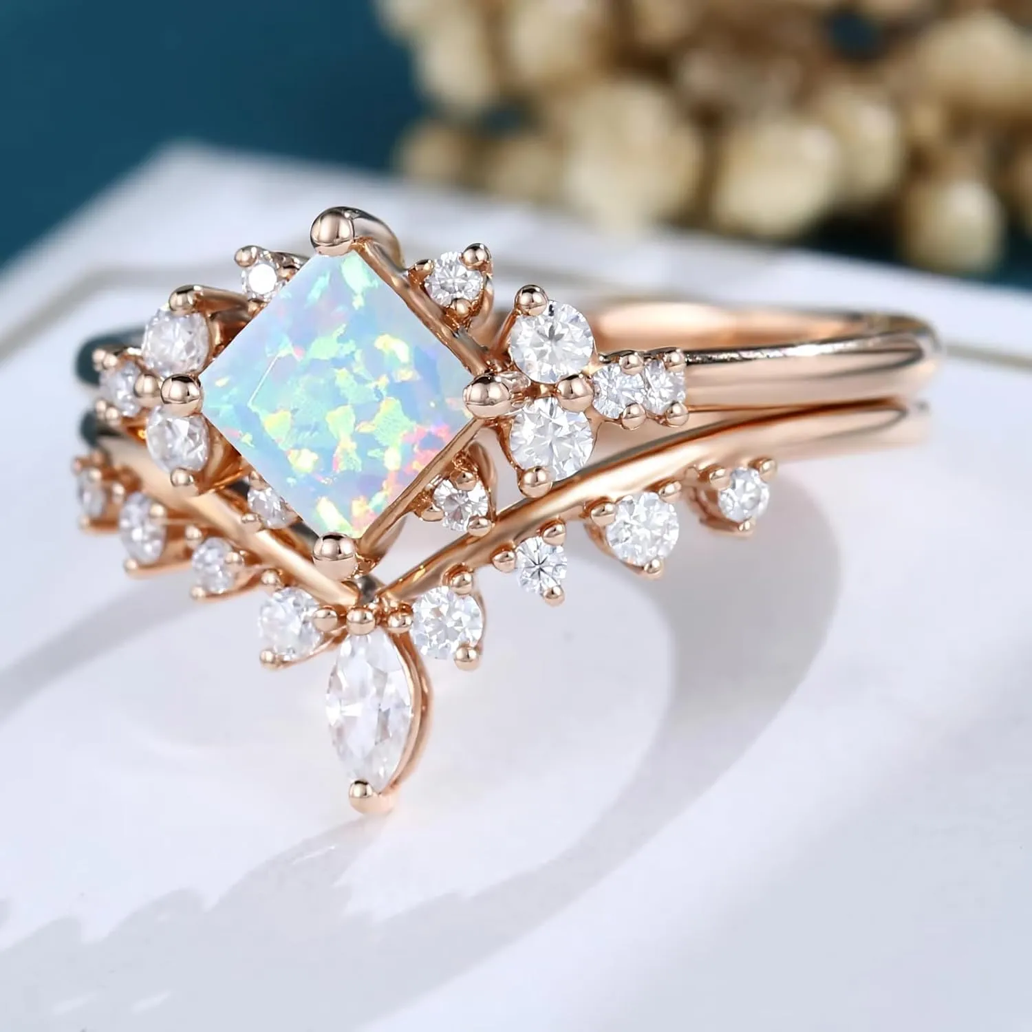 1 Carat Gemstone Ring Set Princess Cut Engagement Rings for Women Unique Moissanite/Moss Agate/Alexandrite/Opal Bridal Set Wedding Rings Promise Rings for Her S925 10K 14K 18K Gold Size 4-13