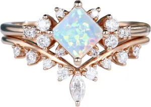 1 Carat Gemstone Ring Set Princess Cut Engagement Rings for Women Unique Moissanite/Moss Agate/Alexandrite/Opal Bridal Set Wedding Rings Promise Rings for Her S925 10K 14K 18K Gold Size 4-13