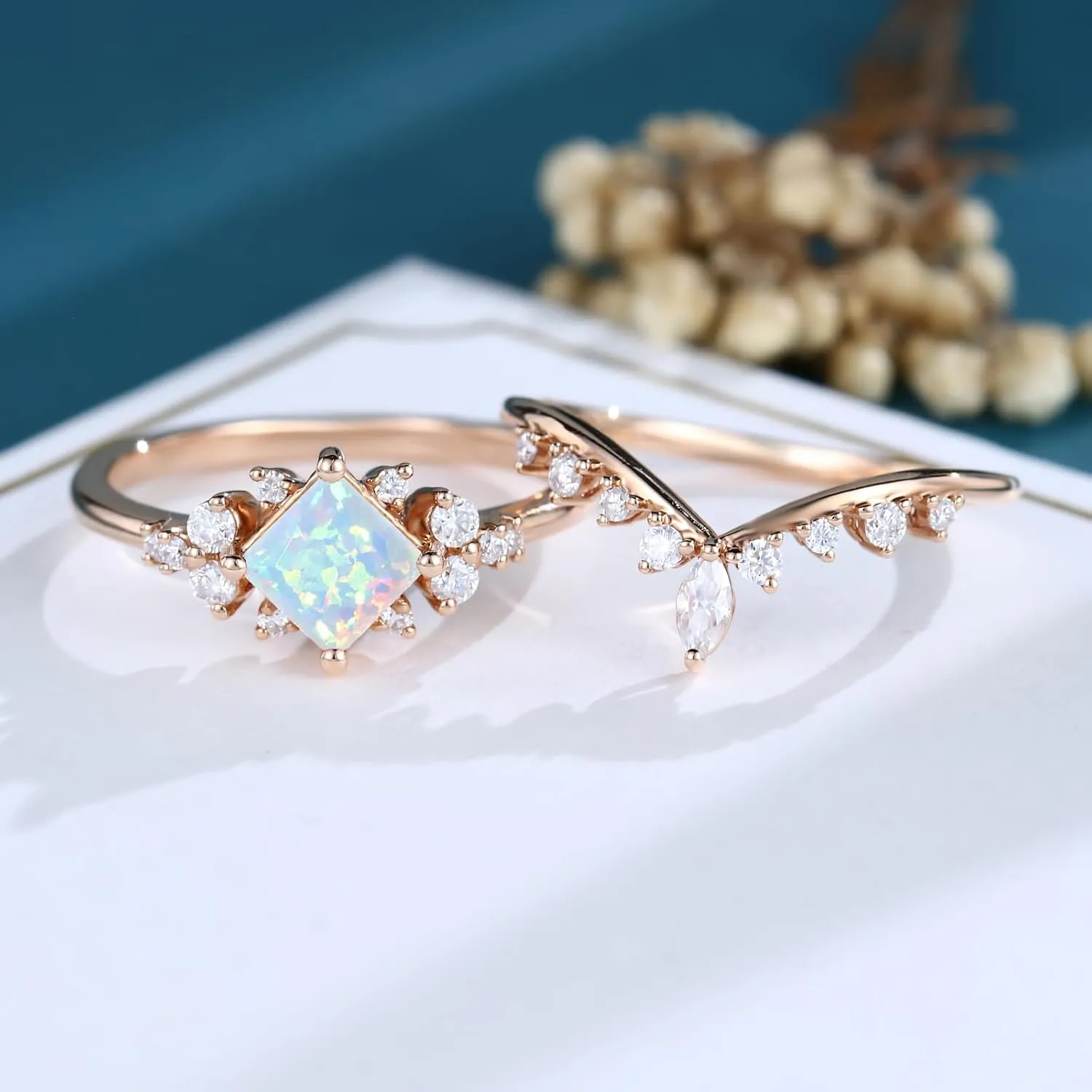 1 Carat Gemstone Ring Set Princess Cut Engagement Rings for Women Unique Moissanite/Moss Agate/Alexandrite/Opal Bridal Set Wedding Rings Promise Rings for Her S925 10K 14K 18K Gold Size 4-13