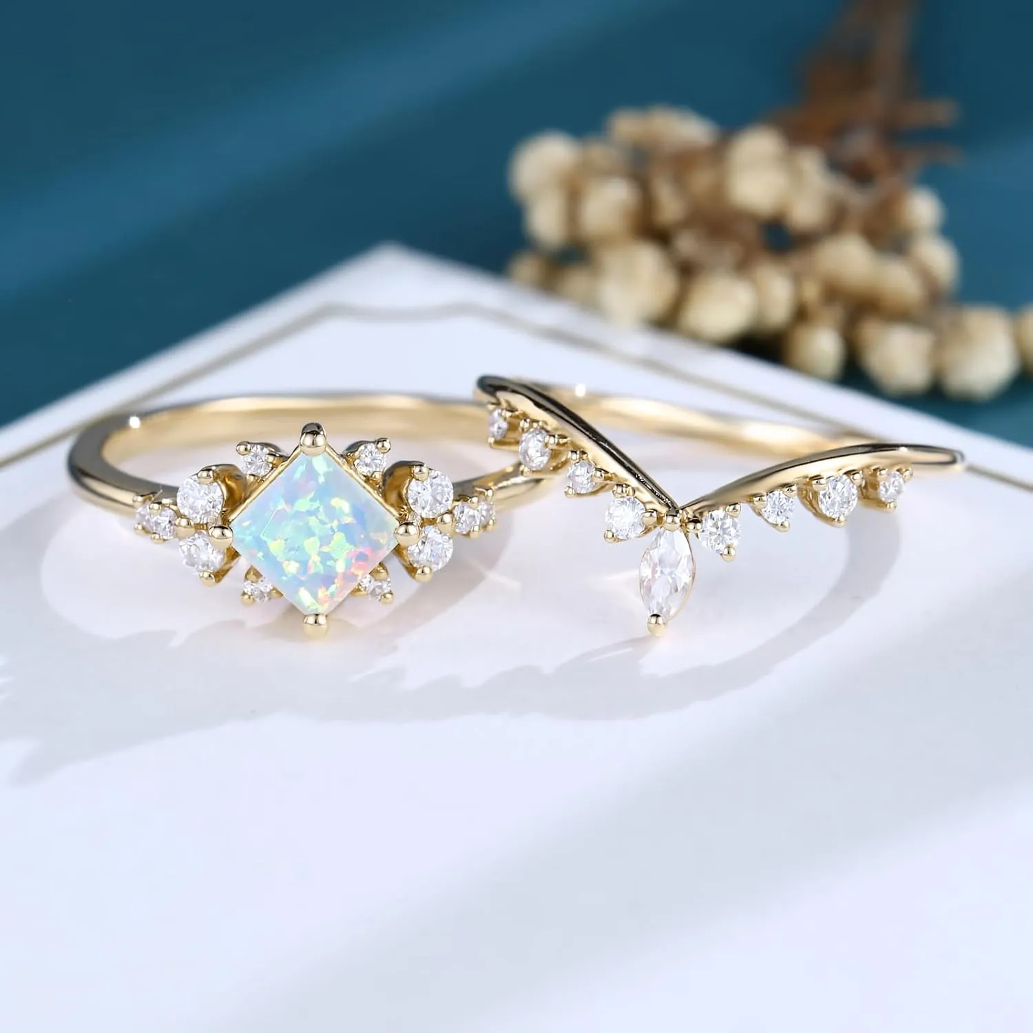 1 Carat Gemstone Ring Set Princess Cut Engagement Rings for Women Unique Moissanite/Moss Agate/Alexandrite/Opal Bridal Set Wedding Rings Promise Rings for Her S925 10K 14K 18K Gold Size 4-13