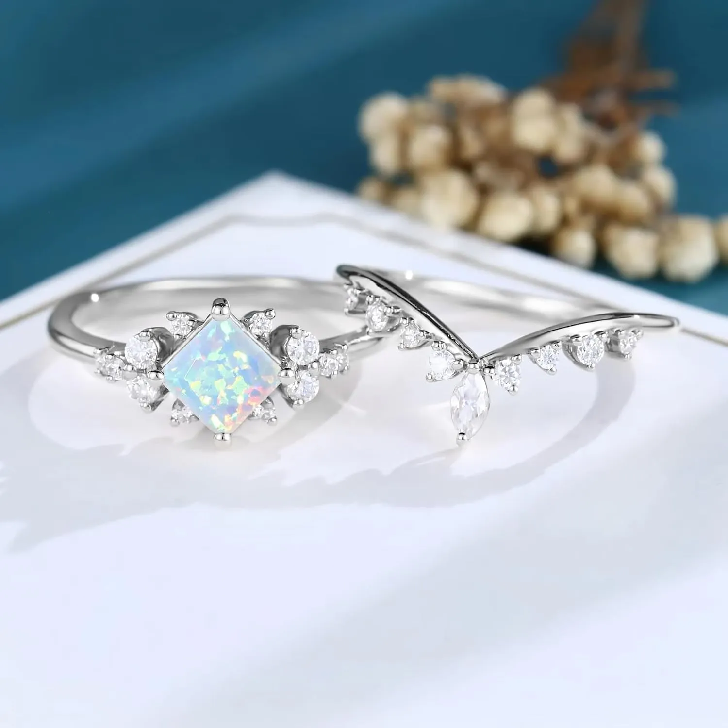1 Carat Gemstone Ring Set Princess Cut Engagement Rings for Women Unique Moissanite/Moss Agate/Alexandrite/Opal Bridal Set Wedding Rings Promise Rings for Her S925 10K 14K 18K Gold Size 4-13