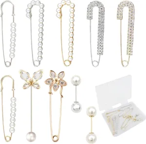 10 PCS Crystal Brooch Pins Set Fashion Pearl Sweater Shawl Clips Retro Rhinestone Pearl Pins