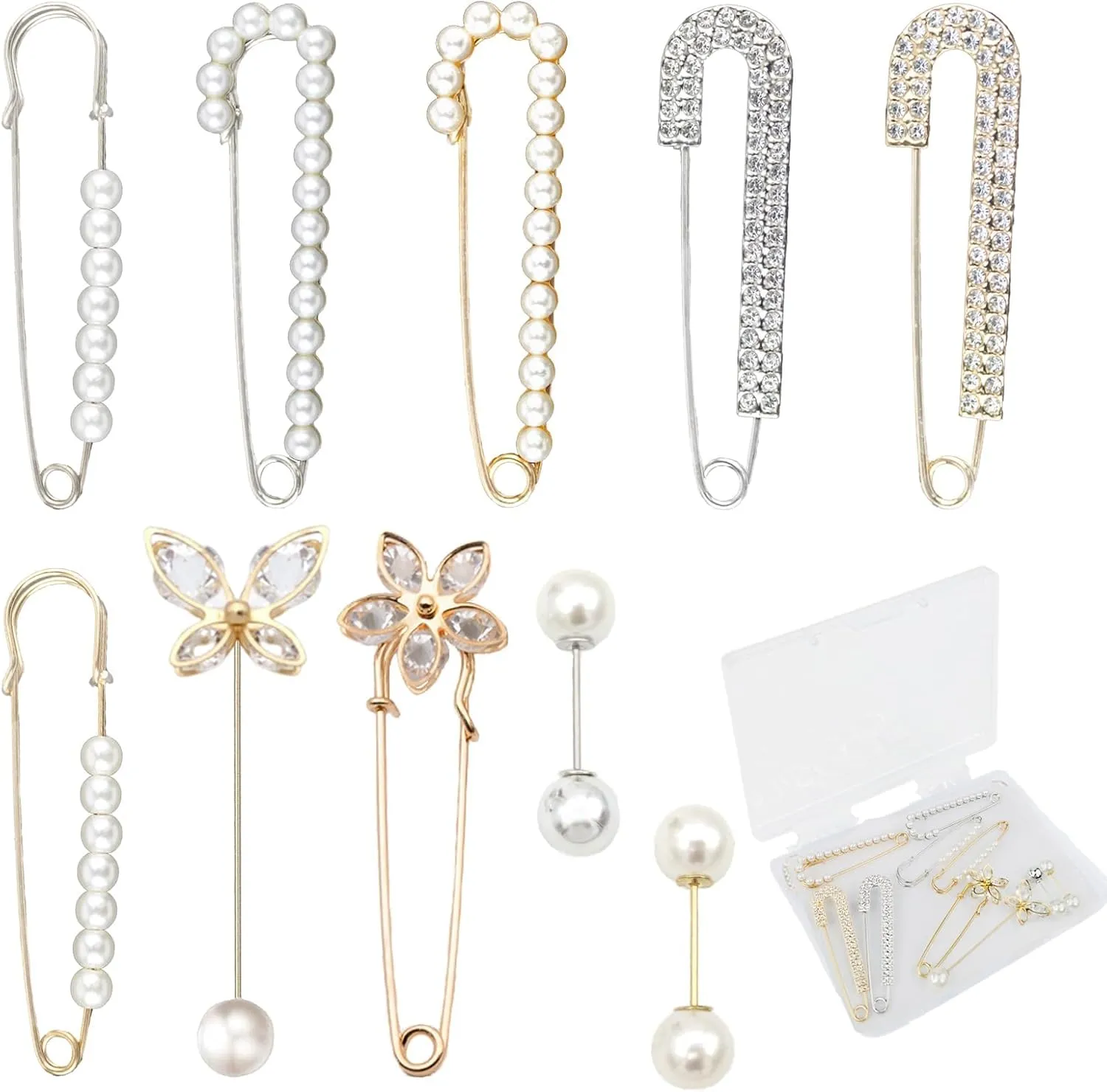 10 PCS Crystal Brooch Pins Set Fashion Pearl Sweater Shawl Clips Retro Rhinestone Pearl Pins