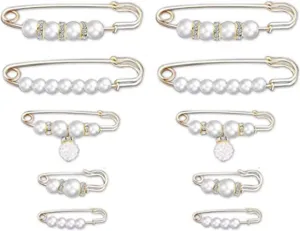 10 Pcs Fashion Pearl Brooch Sweater Shawl Clip Waist Pants Extender Safety Pins for Women Clothing Pants Dress Skirt Alloy, Pearl