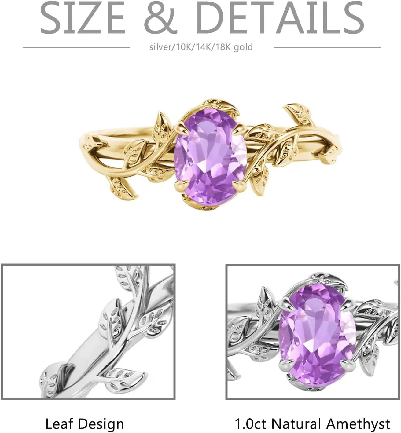 10K 14K 18K Gold Vine Gemstone Rings 1ct Oval Gemstone Leaf Rings for Women Leaf Design Engagement Rings Best Gift for Christmas Anniversary Birthday