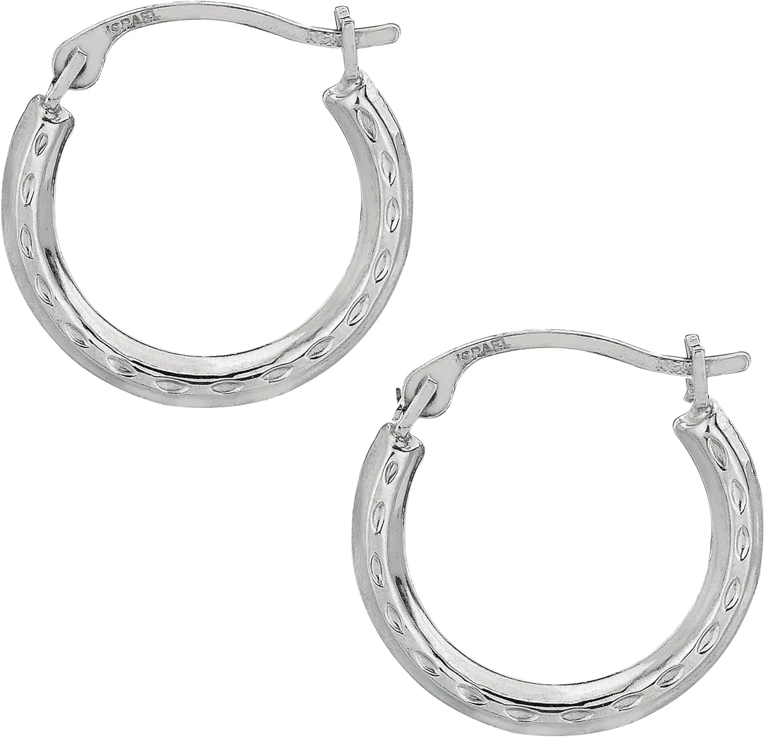 10k White Gold Shiny Diamond Cut Round Hoop Earrings, Diameter 15mm
