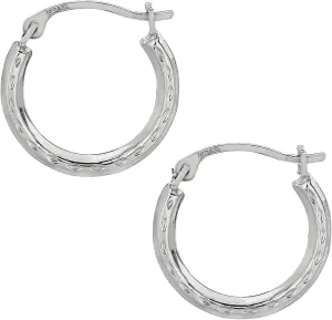 10k White Gold Shiny Diamond Cut Round Hoop Earrings, Diameter 15mm