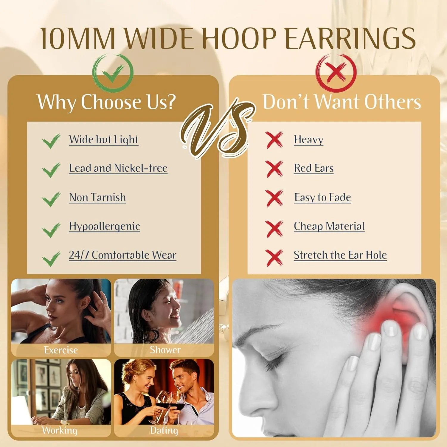 10mm Wide Tapered Gold Silver Hoop Earrings for Women with Hypoallergenic 925 Sterling Silver Post, 14K Gold Plated 925 Sterling Silver Earrings for Women Trendy Non Tarnish 30/40/50/60mm