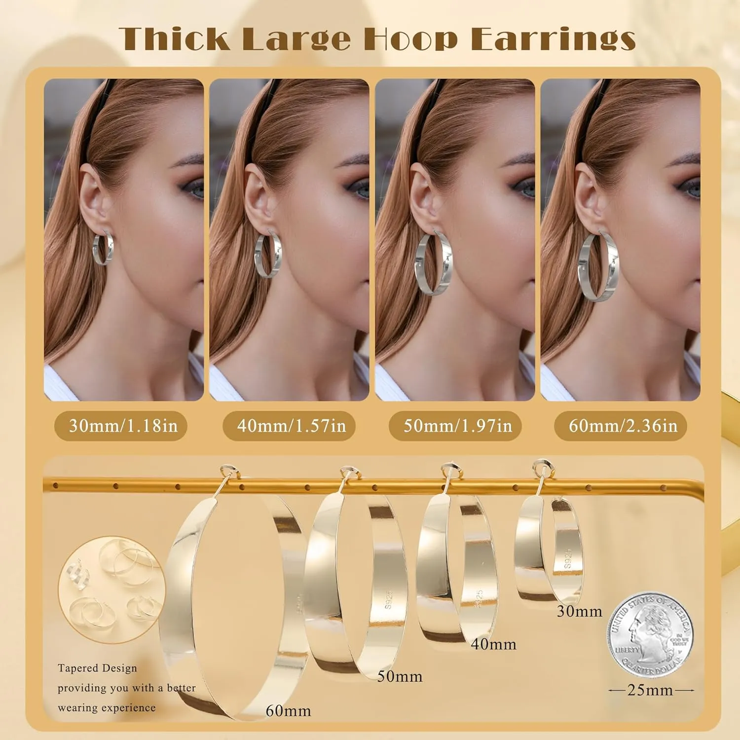 10mm Wide Tapered Gold Silver Hoop Earrings for Women with Hypoallergenic 925 Sterling Silver Post, 14K Gold Plated 925 Sterling Silver Earrings for Women Trendy Non Tarnish 30/40/50/60mm