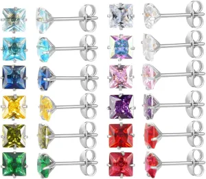 12 Pairs 18K Gold Plated Surgical Stainless Steel Stud Earring Cubic Zirconia Birthstone Stud Earrings Set for Women