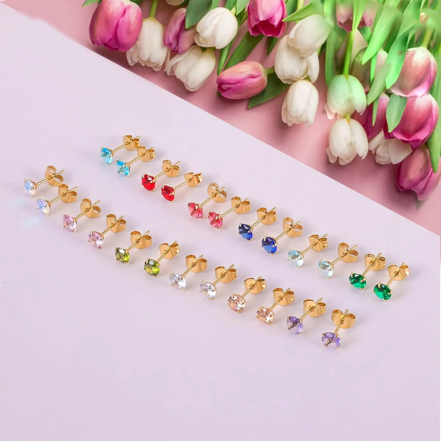 12 Pairs 18K Gold Plated Surgical Stainless Steel Stud Earring Cubic Zirconia Birthstone Stud Earrings Set for Women