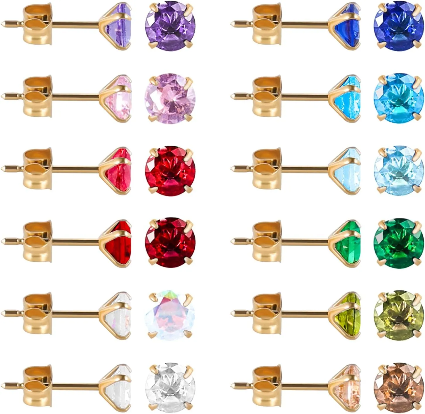 12 Pairs 18K Gold Plated Surgical Stainless Steel Stud Earring Cubic Zirconia Birthstone Stud Earrings Set for Women