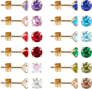 12 Pairs 18K Gold Plated Surgical Stainless Steel Stud Earring Cubic Zirconia Birthstone Stud Earrings Set for Women
