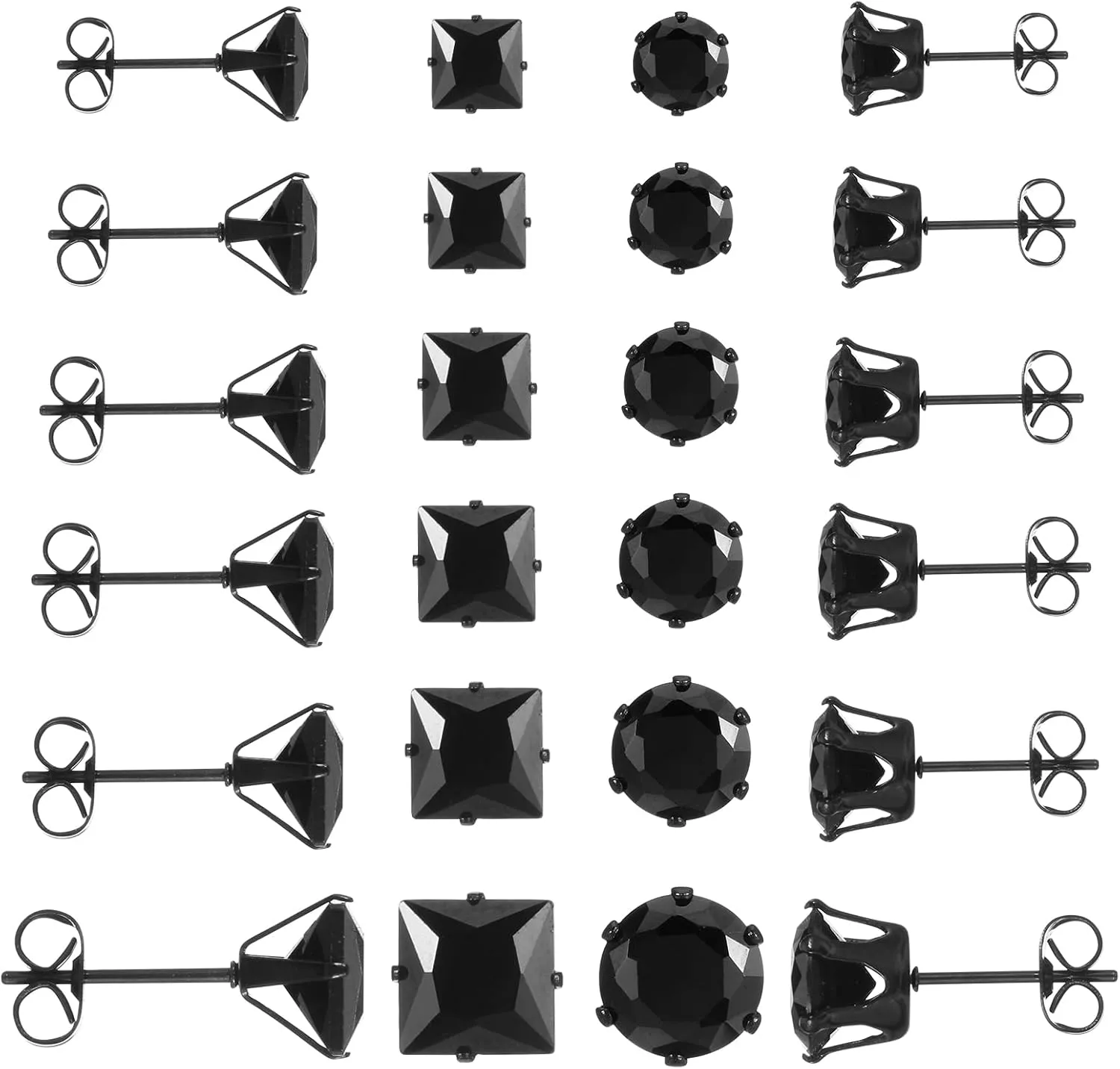 12 Pairs Black Diamond Stud Earrings Men Stainless Steel Earrings for Women Cubic Zirconia Studs Mens Earring Square Round Piercing Jewelry Set Suitable Ladies Gifts 0.31-0.12 Inches