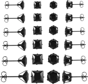 12 Pairs Black Diamond Stud Earrings Men Stainless Steel Earrings for Women Cubic Zirconia Studs Mens Earring Square Round Piercing Jewelry Set Suitable Ladies Gifts 0.31-0.12 Inches