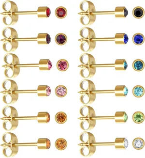 12 Pairs Ear Piercing Stud Earrings for Ear Piercing Guns, Surgical Stainless Steel Multicolor Round Heart Star Cubic Zirconia Birthstone Stud Earrings Set