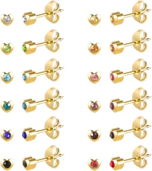 12 Pairs Ear Piercing Stud Earrings, Surgical Stainless Steel Multicolor Cubic Zirconia Birthstone Stud Earrings for Ear Piercing Guns