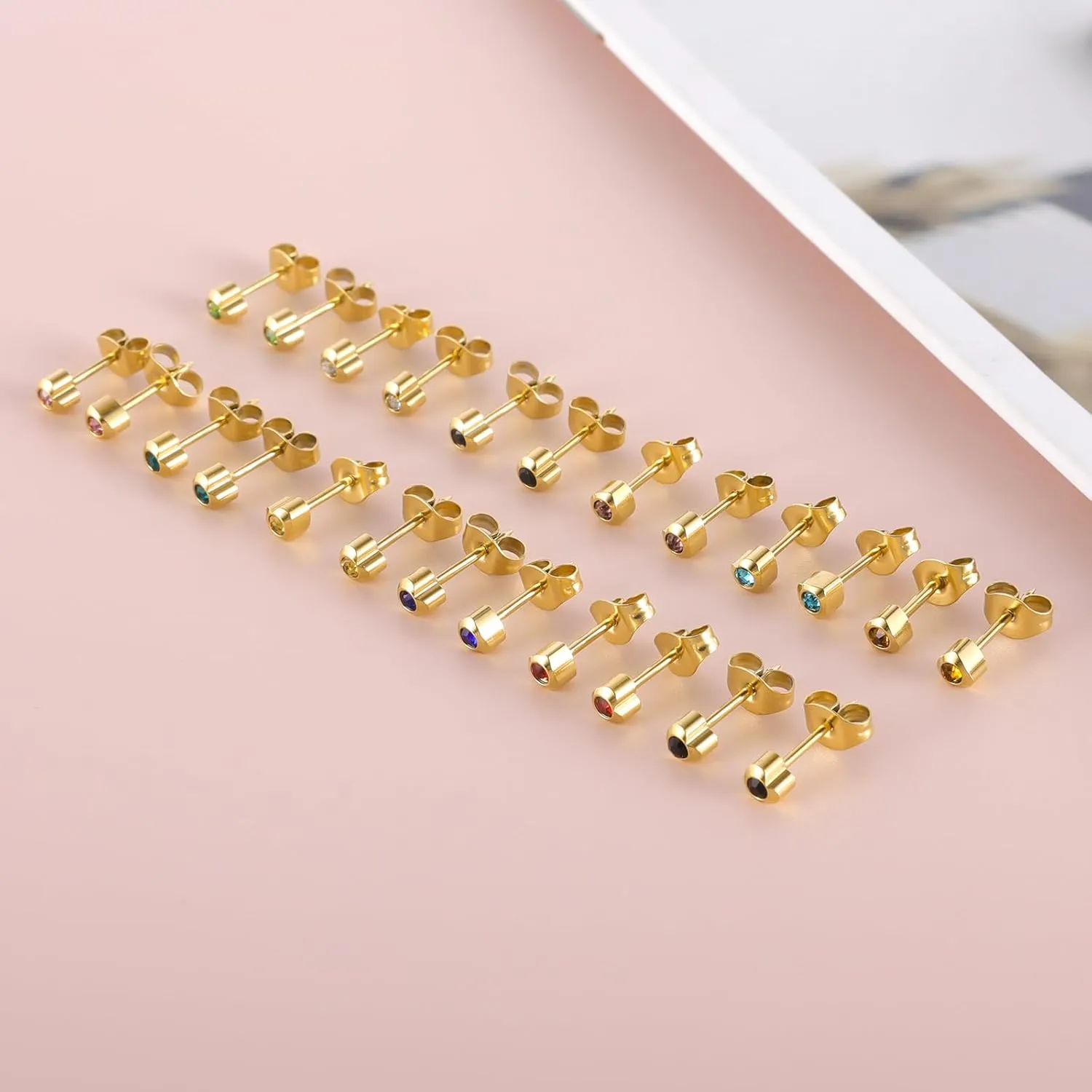 12 Pairs Ear Piercing Stud Earrings, Surgical Stainless Steel Multicolor Cubic Zirconia Birthstone Stud Earrings for Ear Piercing Guns