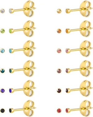 12 Pairs Ear Piercing Stud Earrings, Surgical Stainless Steel Multicolor Cubic Zirconia Birthstone Stud Earrings for Ear Piercing Guns