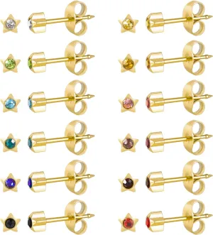 12 Pairs Ear Piercing Stud Earrings, Surgical Stainless Steel Multicolor Cubic Zirconia Birthstone Stud Earrings for Ear Piercing Guns