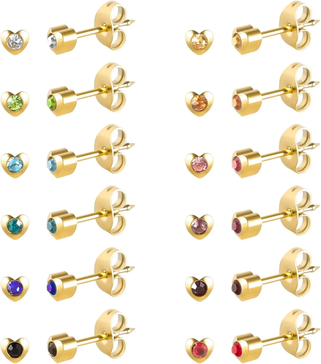 12 Pairs Ear Piercing Stud Earrings, Surgical Stainless Steel Multicolor Cubic Zirconia Birthstone Stud Earrings for Ear Piercing Guns