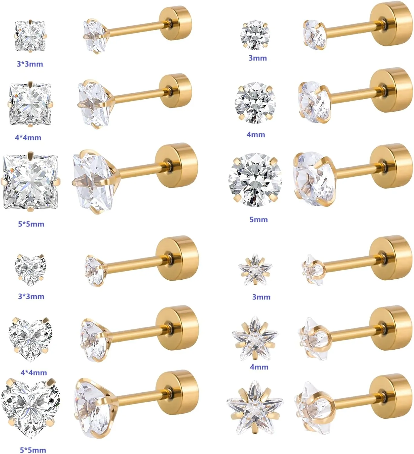 12 Pairs Surgical Stainless Steel Screw back Stud Earrings, 18K Gold Black Plated Star Heart Square Princess Cut Round Cubic Zirconia CZ Stud Earrings Set