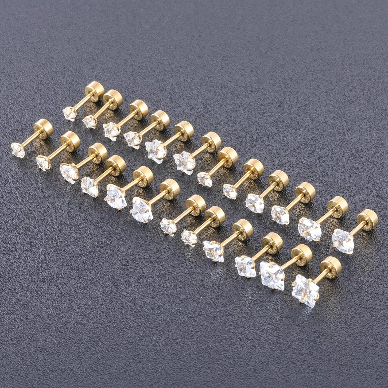 12 Pairs Surgical Stainless Steel Screw back Stud Earrings, 18K Gold Black Plated Star Heart Square Princess Cut Round Cubic Zirconia CZ Stud Earrings Set