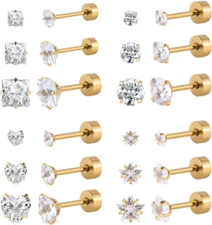12 Pairs Surgical Stainless Steel Screw back Stud Earrings, 18K Gold Black Plated Star Heart Square Princess Cut Round Cubic Zirconia CZ Stud Earrings Set