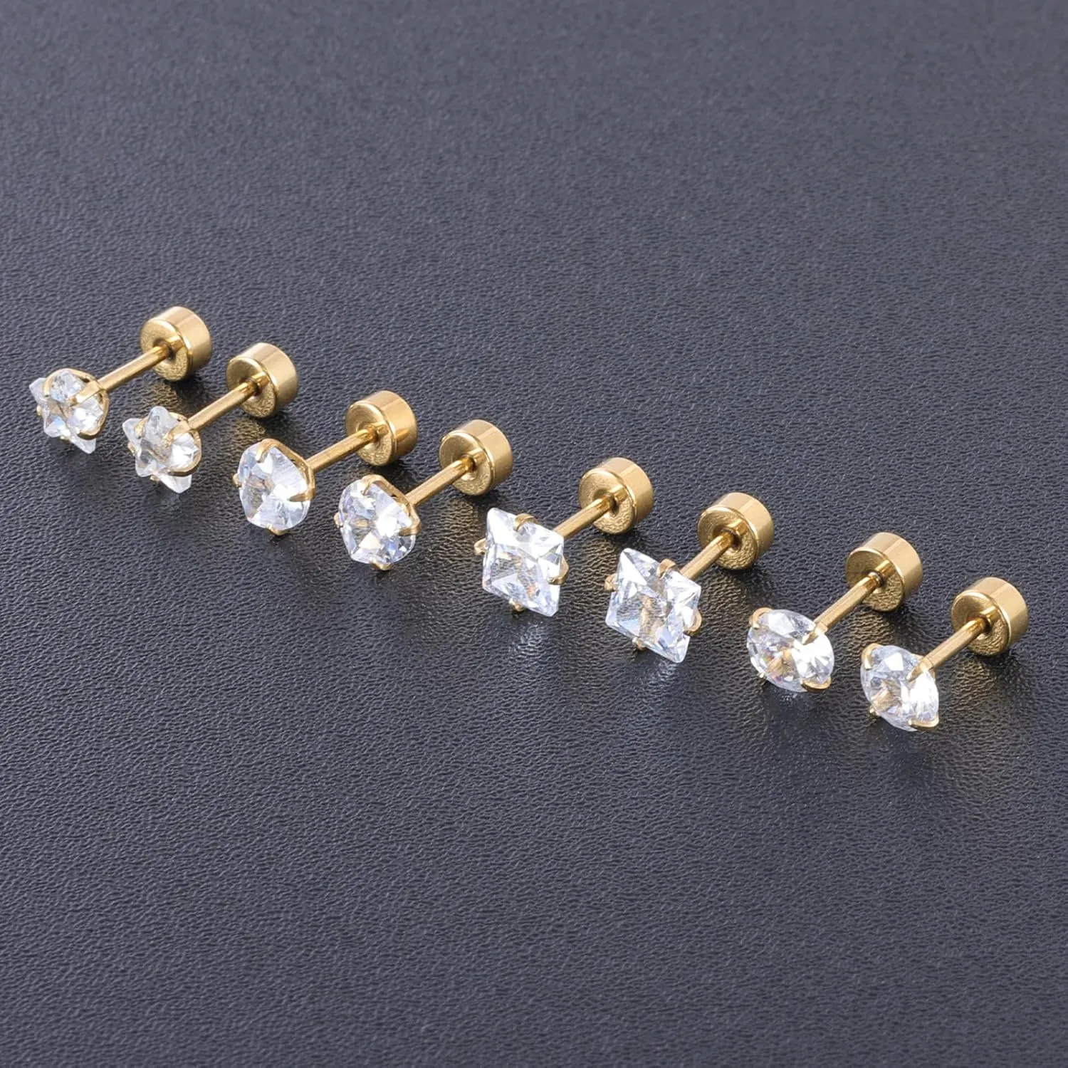 12 Pairs Surgical Stainless Steel Screw back Stud Earrings, 18K Gold Black Plated Star Heart Square Princess Cut Round Cubic Zirconia CZ Stud Earrings Set