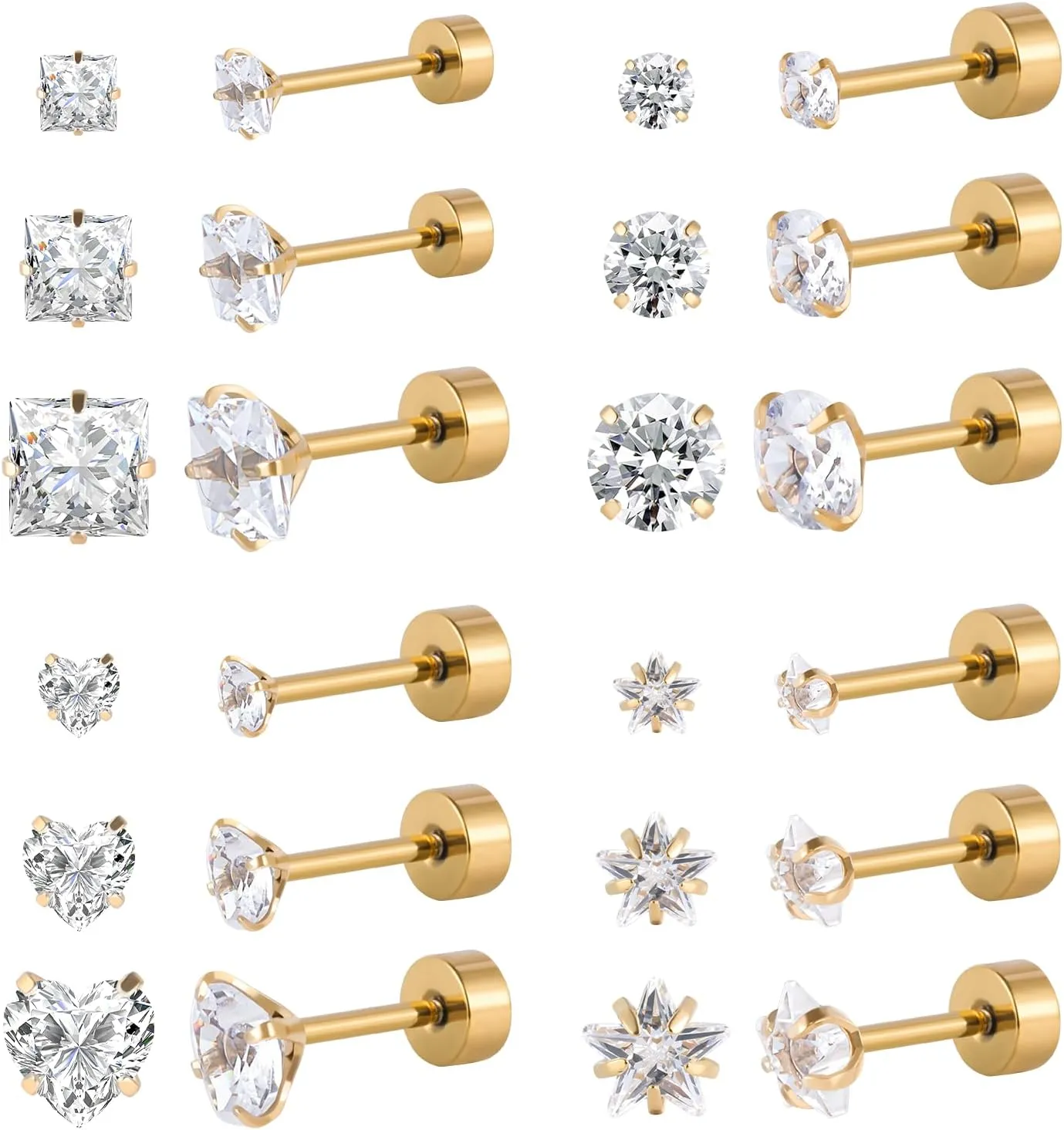 12 Pairs Surgical Stainless Steel Screw back Stud Earrings, 18K Gold Black Plated Star Heart Square Princess Cut Round Cubic Zirconia CZ Stud Earrings Set