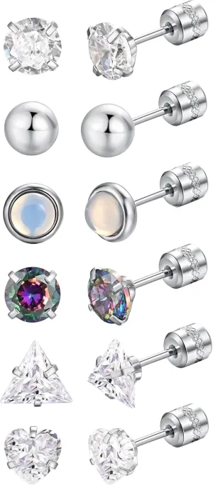 12 Pairs Titanium Stud Earrings Set for Women Men Screw Back Stainless Steel Tiny Earrings CZ Heart Star Pearl Cartilage Hypoallergenic Jewelry