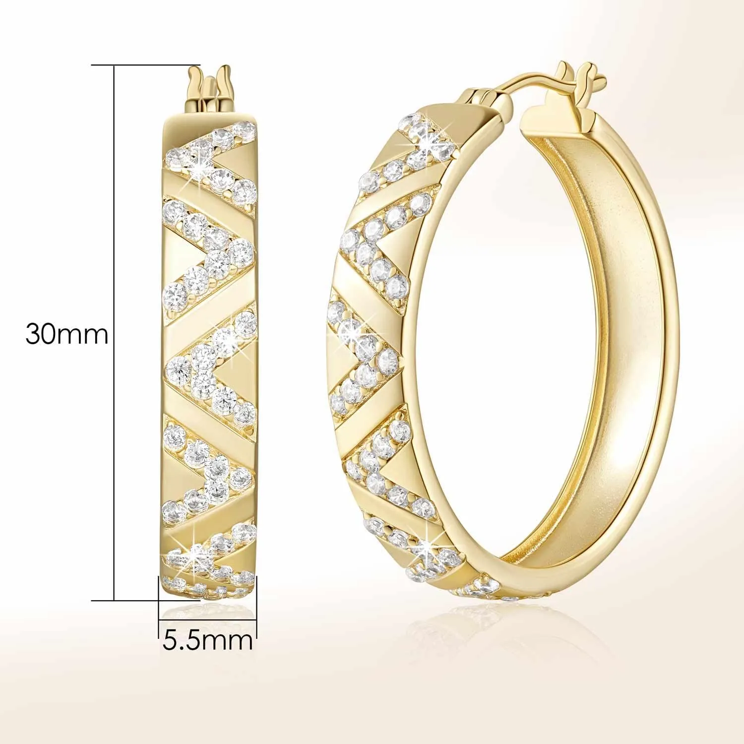 14K Gold Hoop Earrings for Women 14K Gold Earrings V-Shaped Cubic Zirconia Inlay Thick Hoops Womens Earring 25/30mm