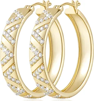 14K Gold Hoop Earrings for Women 14K Gold Earrings V-Shaped Cubic Zirconia Inlay Thick Hoops Womens Earring 25/30mm