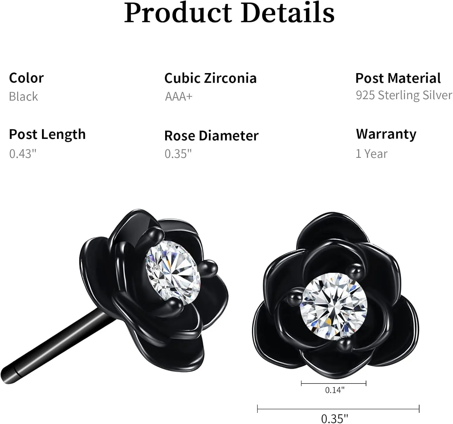 14K Gold Plated 925 Sterling Silver Post Cubic Zirconia Rose Flower Stud Earrings for Women | Hypoallergenic & Nickel Free Earrings for Women