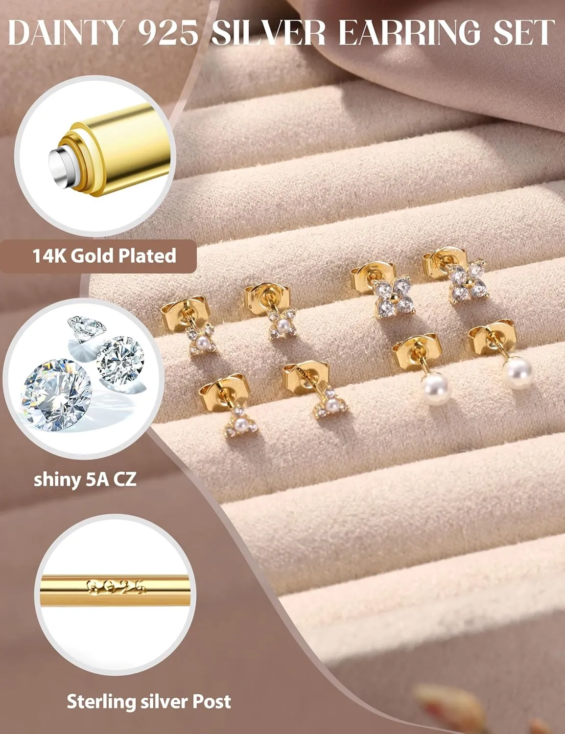 14K Gold Plated 925 Sterling Silver Post Stud Earrings for Women | Hypoallergenic Cartilage Earrings for Sensitive Ears | Dainty Small Studs Hoop Earring Stacks Set 20G Helix Tragus Piercing Jewelry