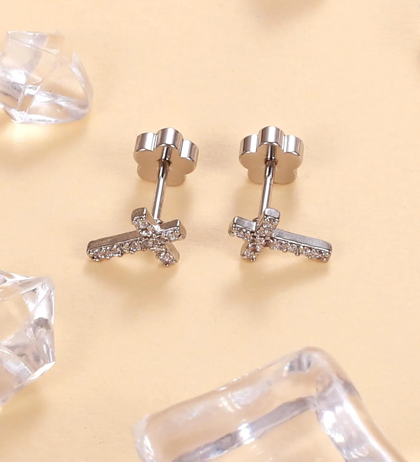 14K Gold Plated Small Stud Earrings for Girls Women Hypoallergenic Surgical Steel Cartilage Flat Back Stud Earrings Silver CZ Cross Handmade Screw Back Earrings Studs