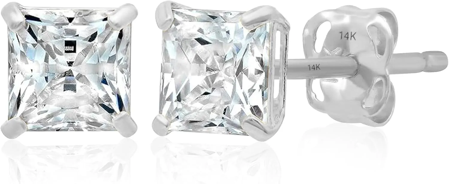 14K Gold Princess Cut CZ Stud Earrings for Women & Men | Cubic Zirconia Earrings Studs | 4MM-7MM CZ Gold Earrings by MAX   STONE