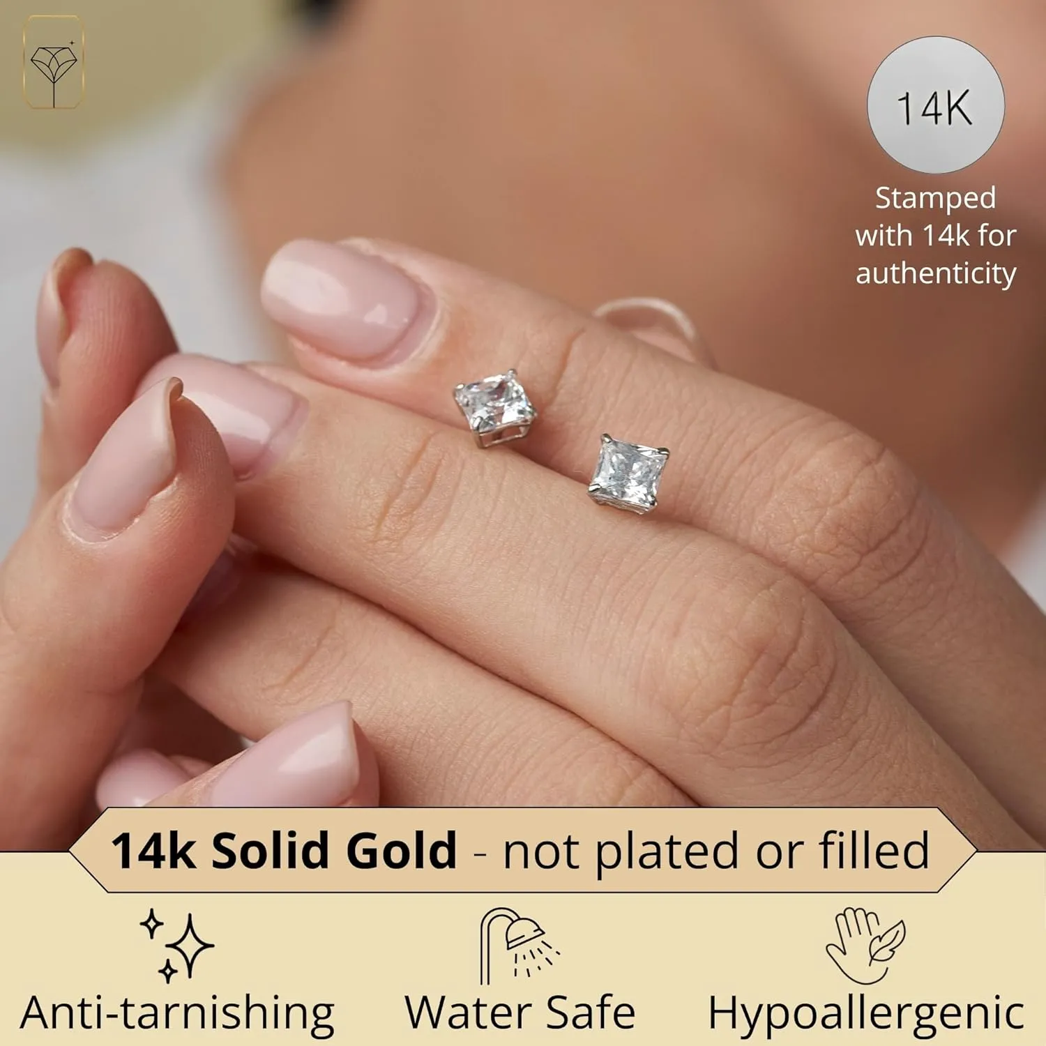 14K Gold Princess Cut CZ Stud Earrings for Women & Men | Cubic Zirconia Earrings Studs | 4MM-7MM CZ Gold Earrings by MAX   STONE