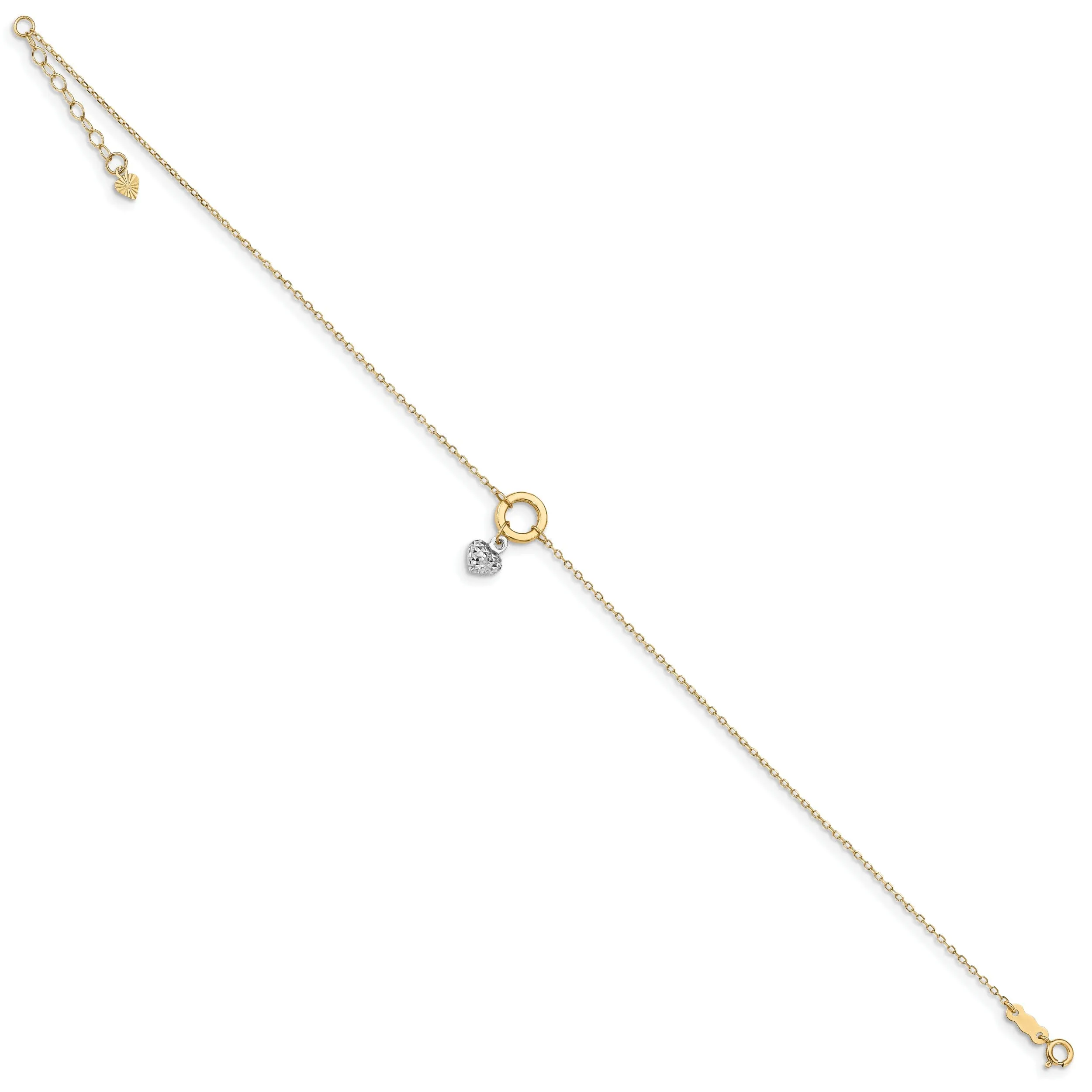 14k Two-tone Gold Circle/Diamond Cut Heart Anklet