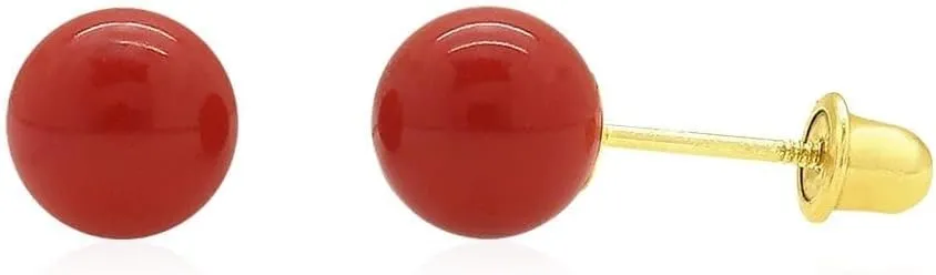14K Yellow Gold Red Coral Ball Screw Back Stud Earrings 3mm-8mm