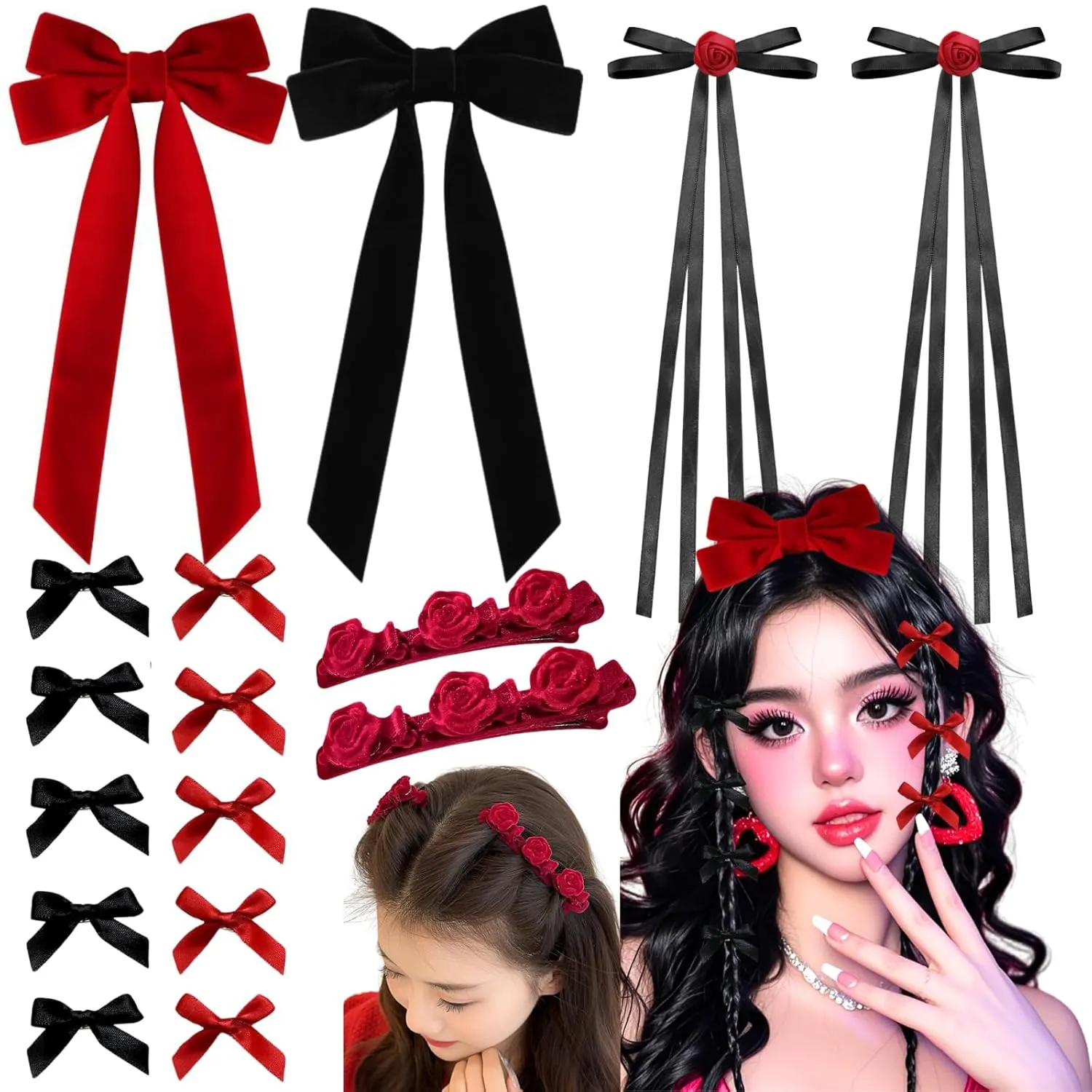 16 Pcs Hair Bows for Girl Women, Black Red Mini Bow Hair Clips Bridal Barrett Brooch Wedding Floral Clips Women Flower Hair Accessories for Woman Girl Party Wedding(Red & Black)