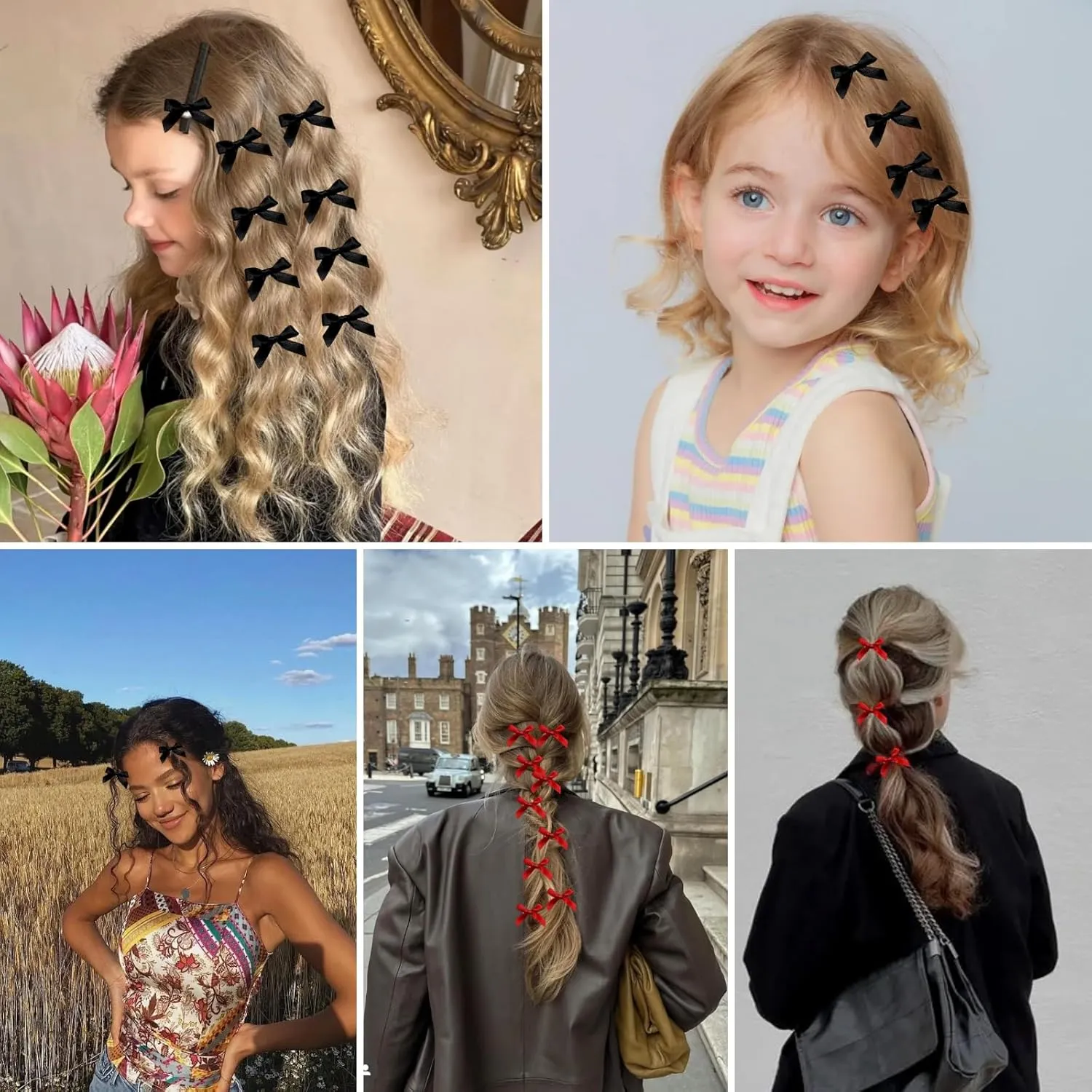 16 Pcs Hair Bows for Girl Women, Black Red Mini Bow Hair Clips Bridal Barrett Brooch Wedding Floral Clips Women Flower Hair Accessories for Woman Girl Party Wedding(Red & Black)