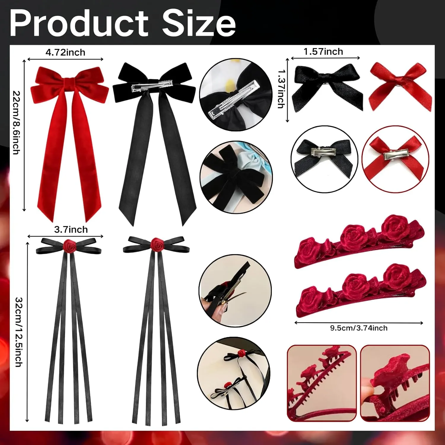 16 Pcs Hair Bows for Girl Women, Black Red Mini Bow Hair Clips Bridal Barrett Brooch Wedding Floral Clips Women Flower Hair Accessories for Woman Girl Party Wedding(Red & Black)
