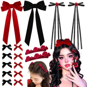 16 Pcs Hair Bows for Girl Women, Black Red Mini Bow Hair Clips Bridal Barrett Brooch Wedding Floral Clips Women Flower Hair Accessories for Woman Girl Party Wedding(Red & Black)
