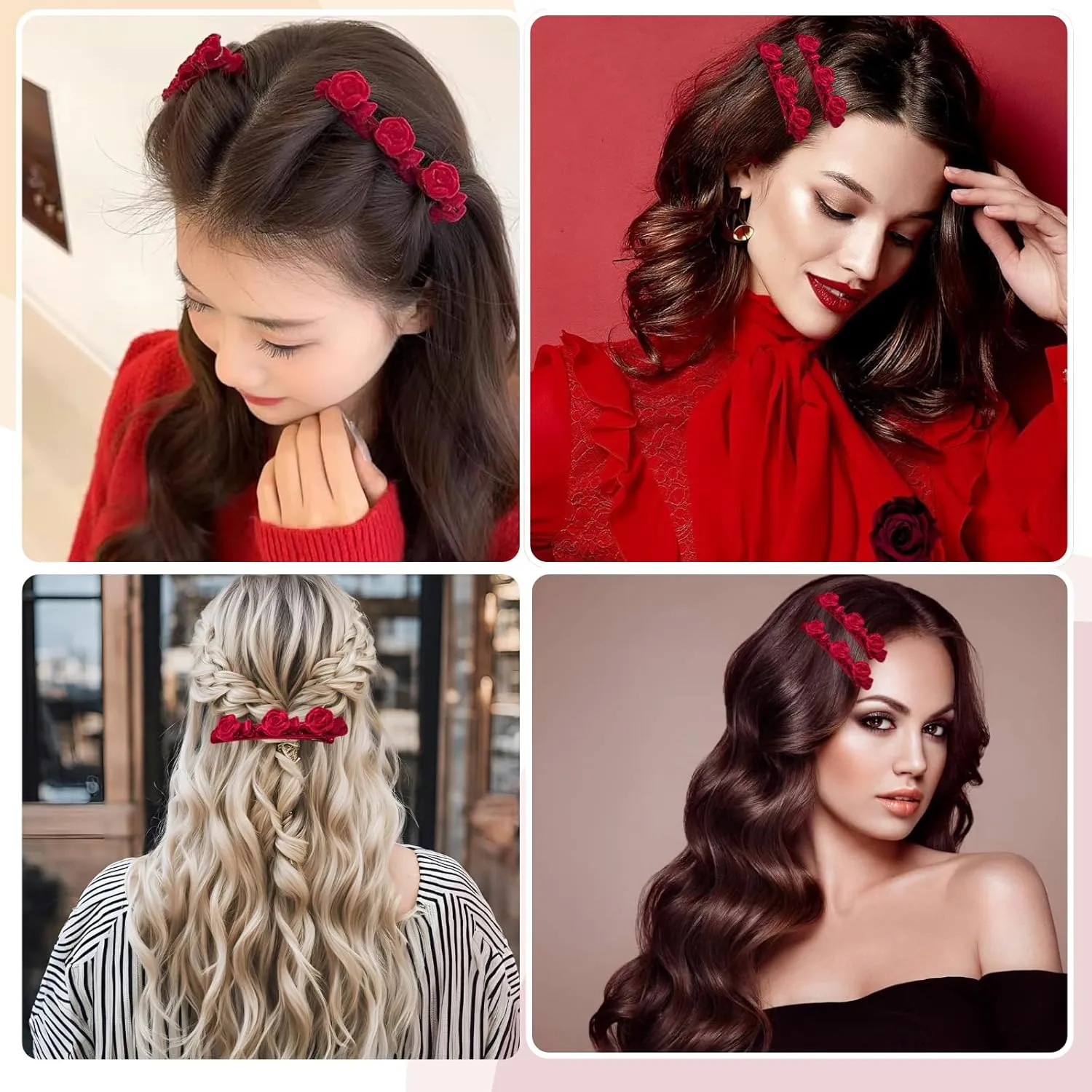 16 Pcs Hair Bows for Girl Women, Black Red Mini Bow Hair Clips Bridal Barrett Brooch Wedding Floral Clips Women Flower Hair Accessories for Woman Girl Party Wedding(Red & Black)