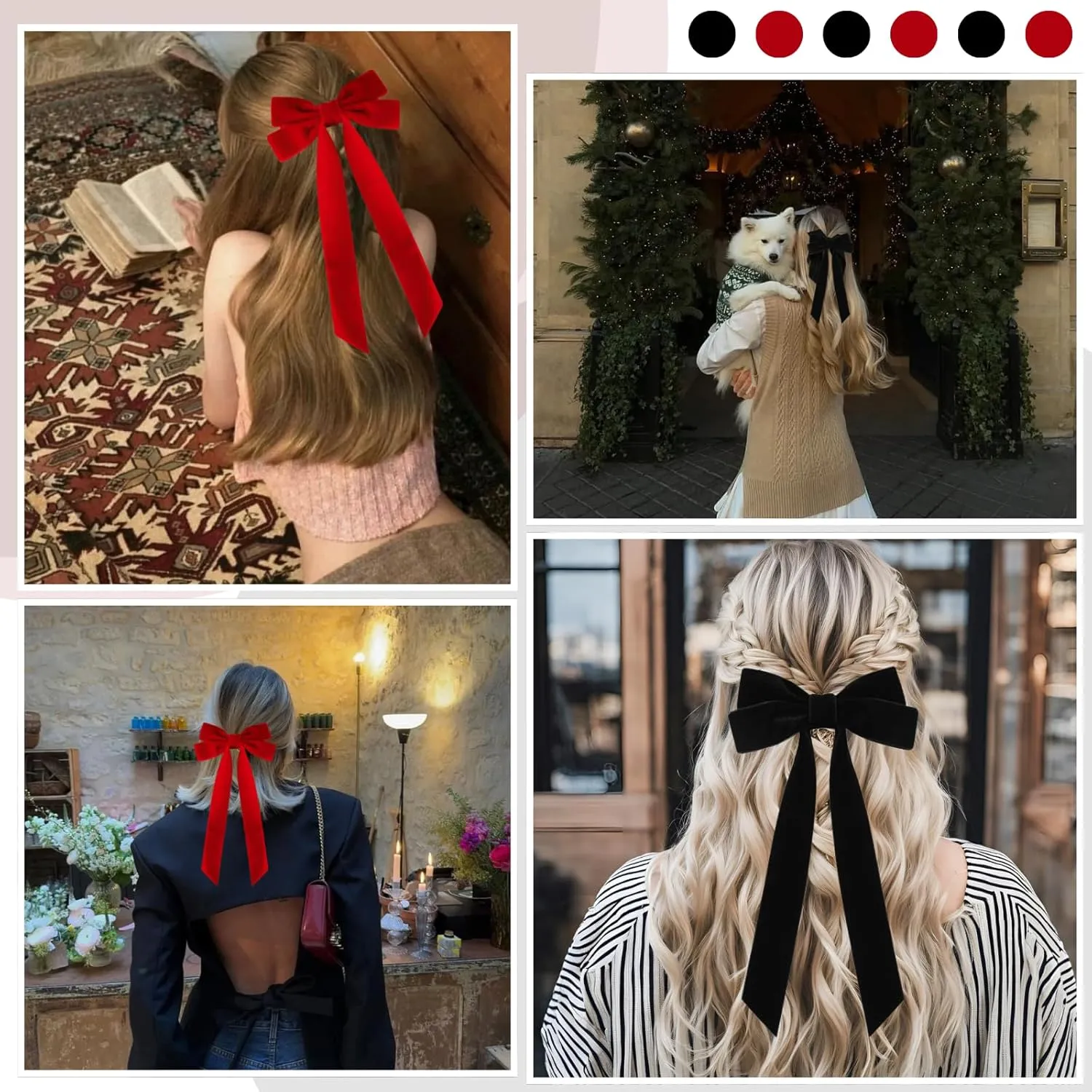 16 Pcs Hair Bows for Girl Women, Black Red Mini Bow Hair Clips Bridal Barrett Brooch Wedding Floral Clips Women Flower Hair Accessories for Woman Girl Party Wedding(Red & Black)