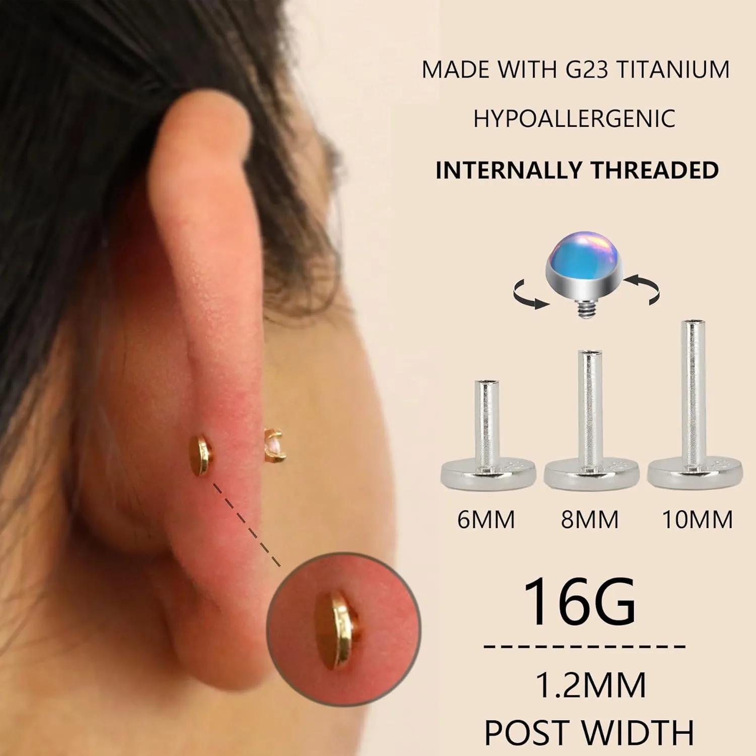 16G Flat Back Earrings for Women Titanium Labret Studs with Flat Backs Cartilage Earring Stud Threaded Earrings for Women