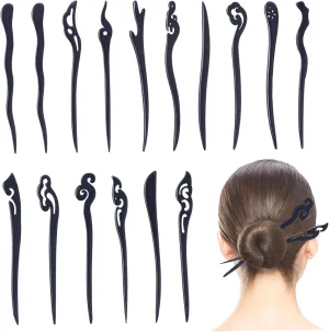 16Pcs Chinese Hair Sticks, Black Plastic Hair Chopsticks for Women 16 Styles Vintage Sticks for Buns Pins Barrettes for Long Styling Accessories Chinese