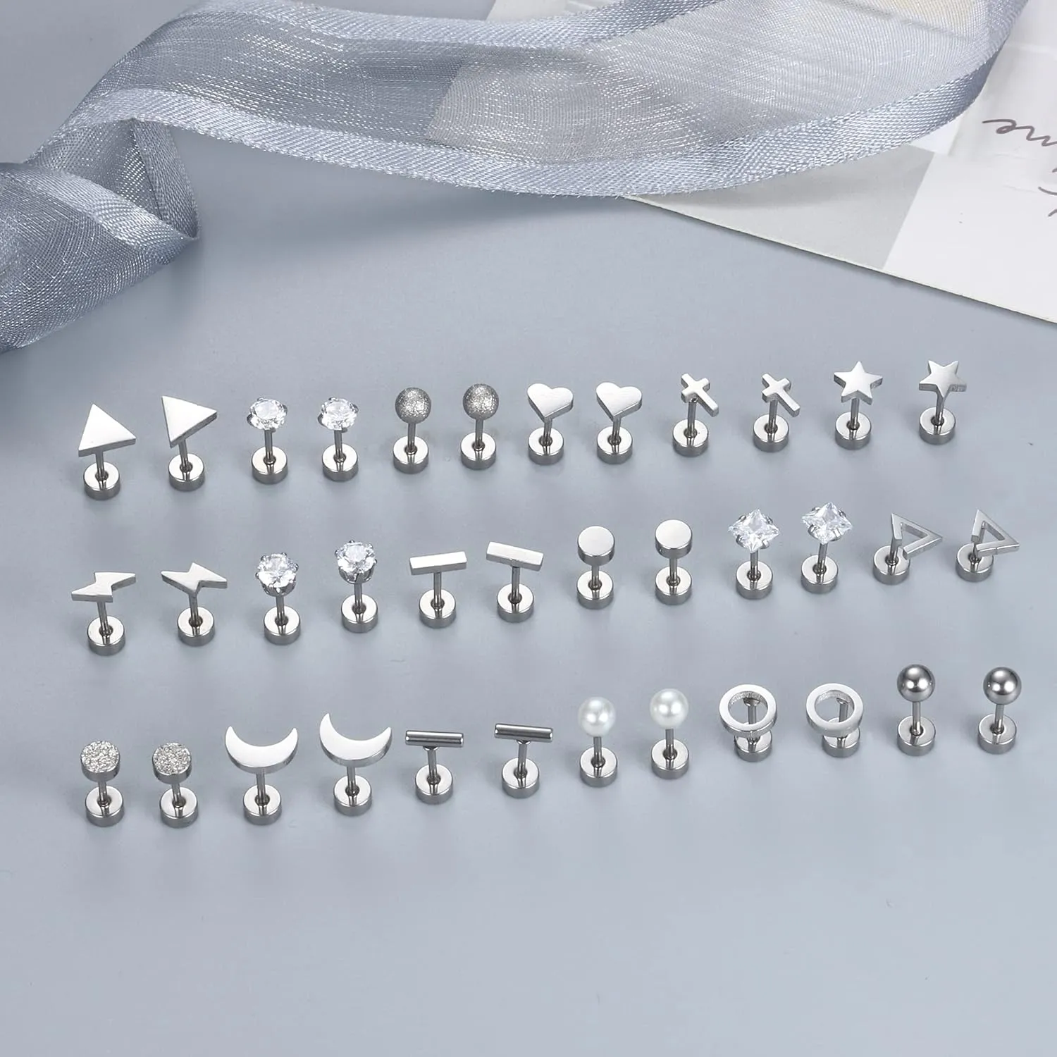 18 Pairs Surgical Stainless Steel Stud Earrings For Women Men 20G Cartilage Earrings Studs Cross Moon Star Small Stud Earrings Black Gold Screw Flat Back Earrings Ear Piercing Studs Set